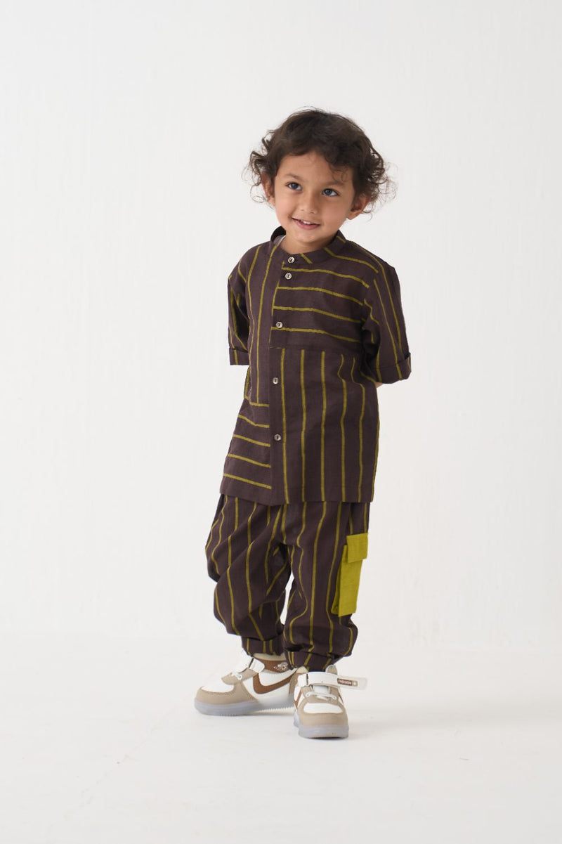 Boy - Stripe Panel Shirt Co-Ord - Lime cotton by THREE Kids in brown color for kids in Singapore