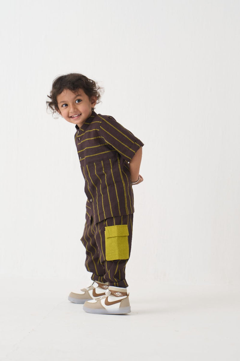 Boy - Stripe Panel Shirt Co-Ord - Lime cotton by THREE Kids in brown color for kids in Singapore