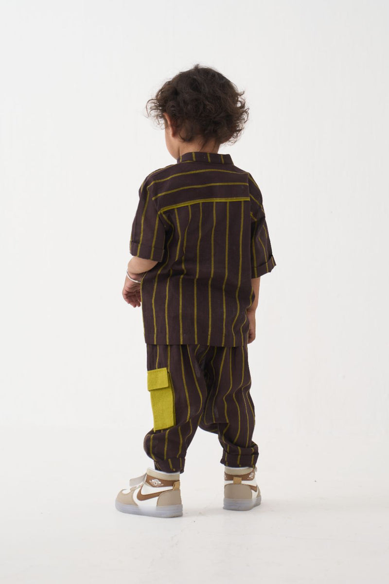 Boy - Stripe Panel Shirt Co-Ord - Lime cotton by THREE Kids in brown color for kids in Singapore
