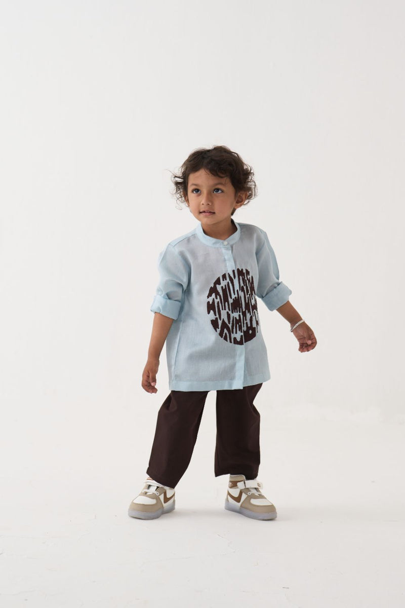 Boy - Band Collar Shirt Co-Ord (Set Of 2) - Blue poplin by THREE Kids in brown color for kids in Singapore