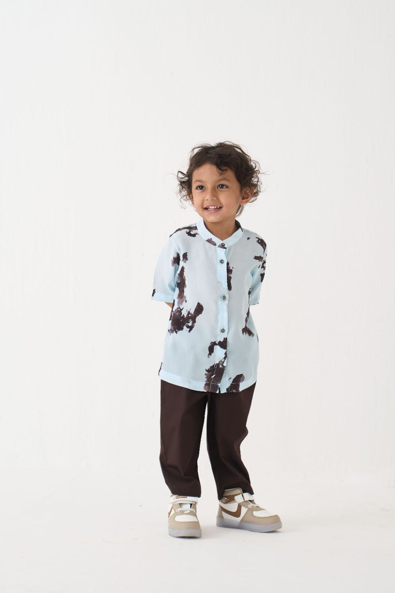 Boy - Printed Band Collar Shirt Co-Ord - Blue poplin by THREE Kids in brown color for kids in Singapore
