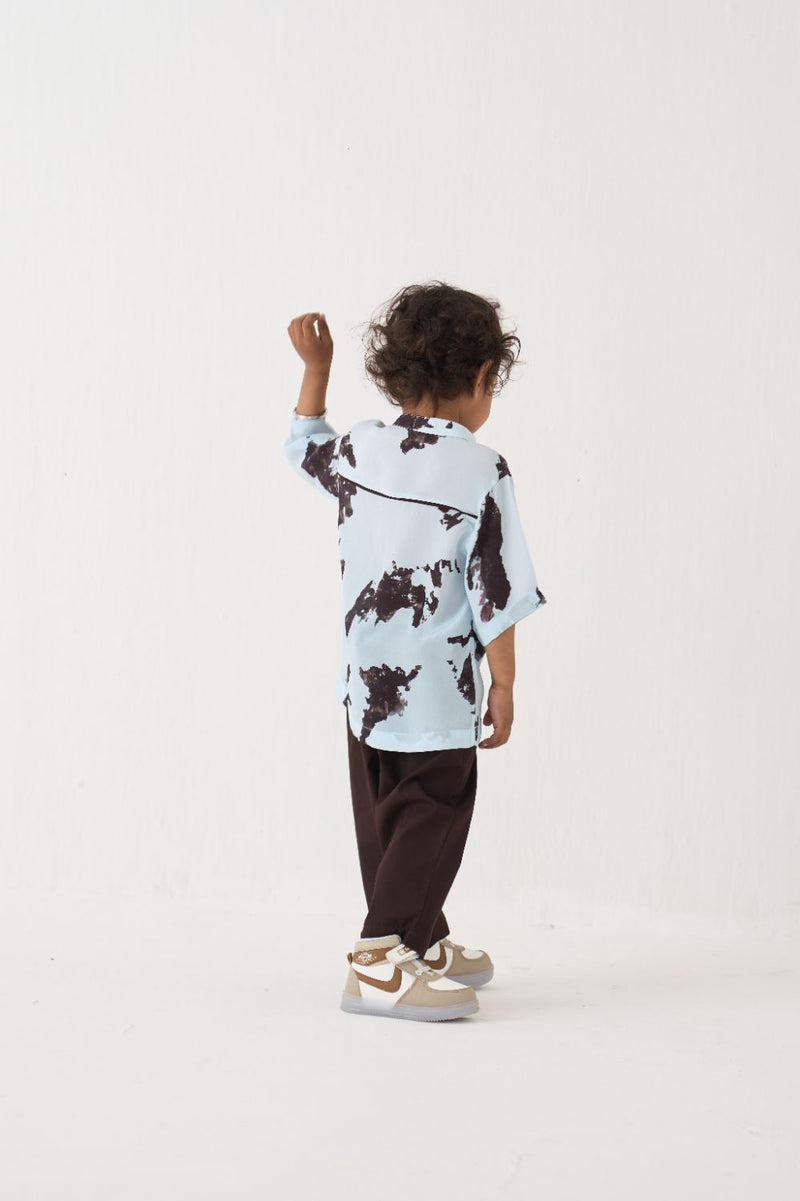 Boy - Printed Band Collar Shirt Co-Ord - Blue poplin by THREE Kids in brown color for kids in Singapore
