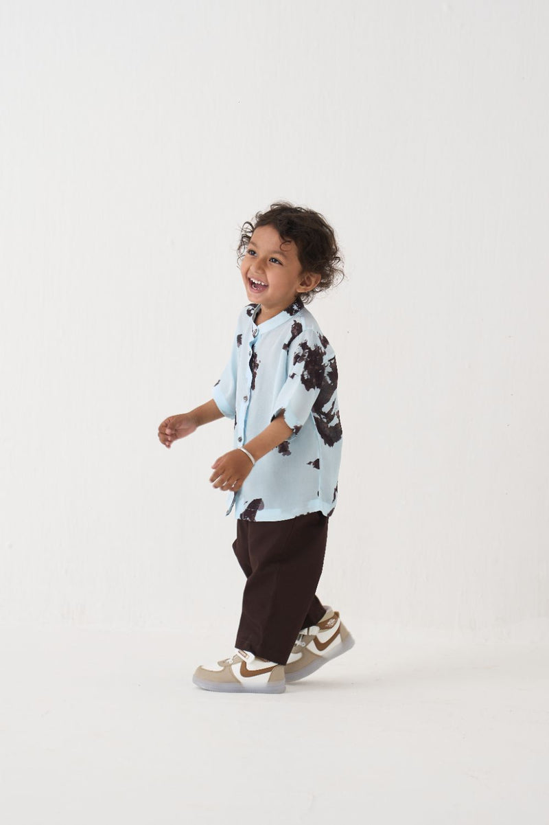 Boy - Printed Band Collar Shirt Co-Ord - Blue poplin by THREE Kids in brown color for kids in Singapore