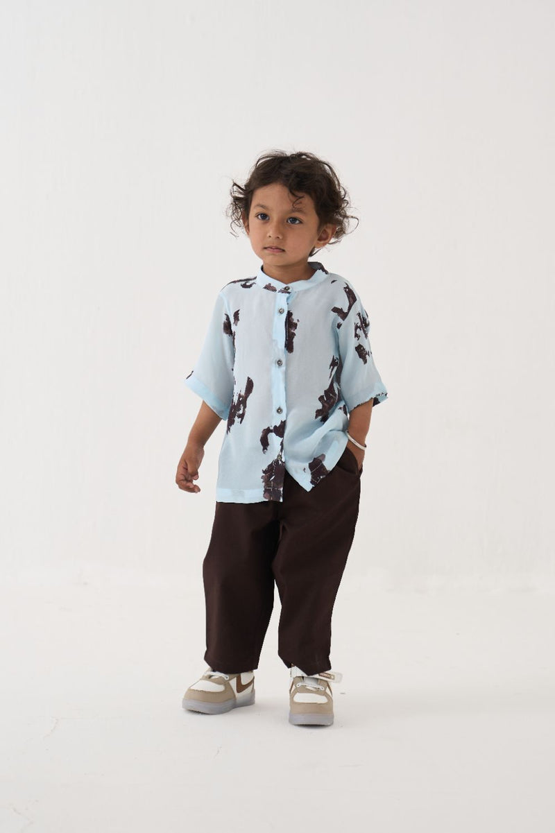 Boy - Printed Band Collar Shirt Co-Ord - Blue poplin by THREE Kids in brown color for kids in Singapore
