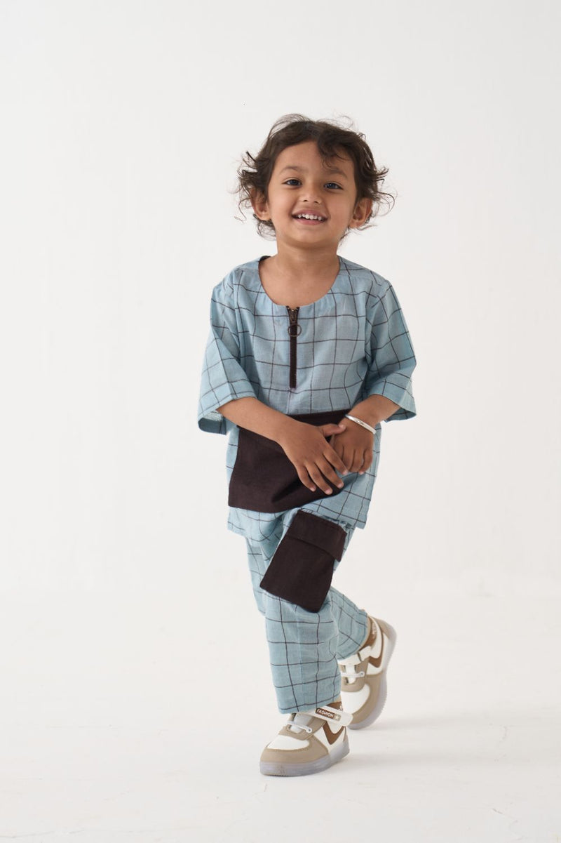 Boy - Patch Pocket Top Co-Ord - Blue cotton by THREE Kids in blue color for kids in Singapore