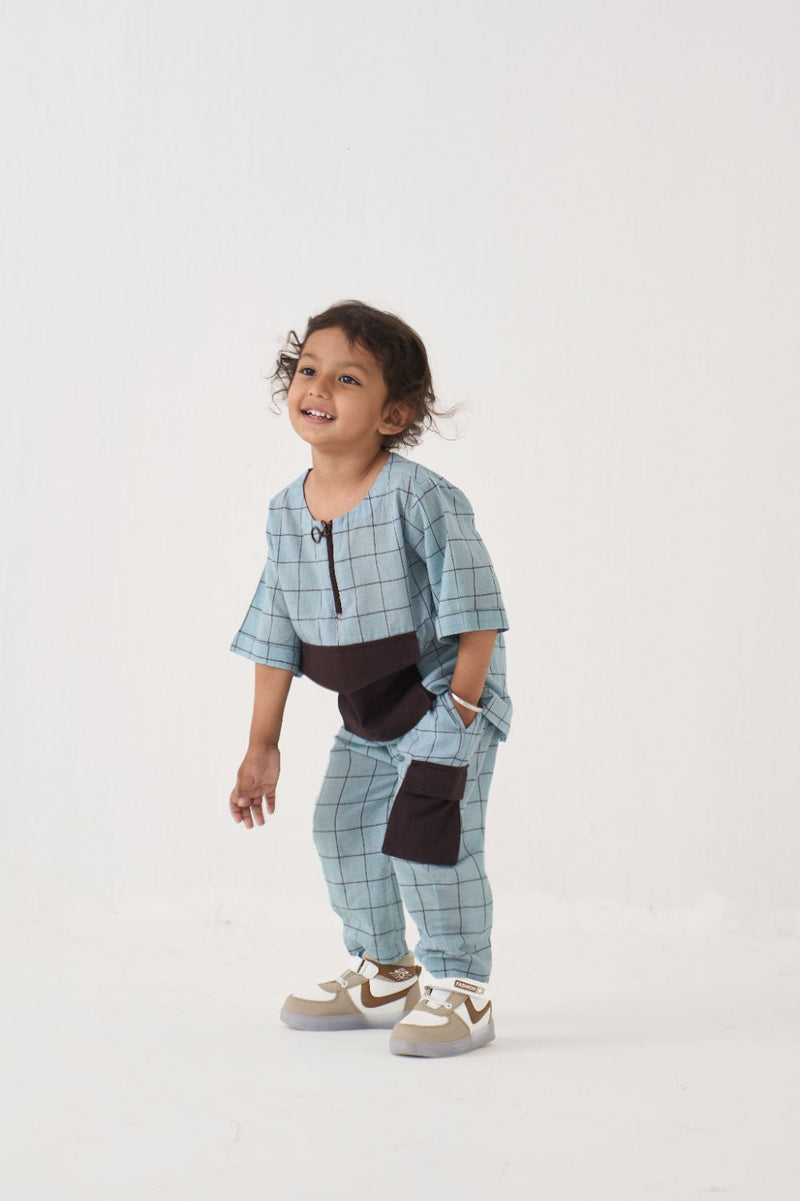 Boy - Patch Pocket Top Co-Ord - Blue cotton by THREE Kids in blue color for kids in Singapore