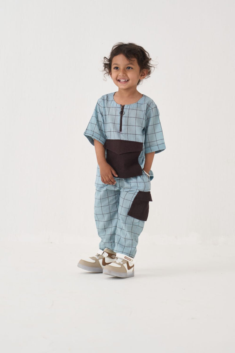 Boy - Patch Pocket Top Co-Ord - Blue cotton by THREE Kids in blue color for kids in Singapore