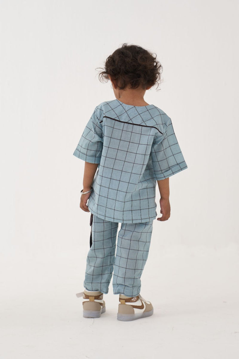 Boy - Patch Pocket Top Co-Ord - Blue cotton by THREE Kids in blue color for kids in Singapore