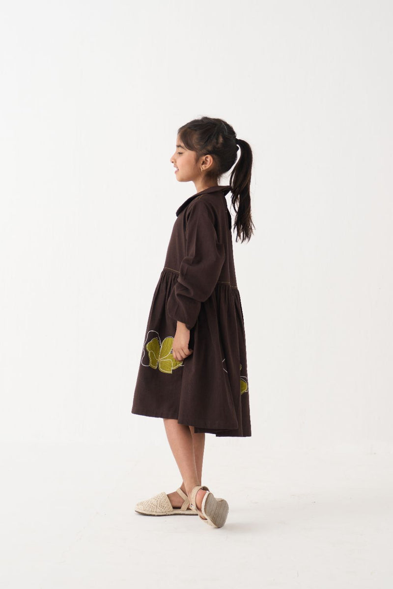 Girl - Floral Applique Peter Pan Collar Dress - Dark Brown cotton by THREE Kids in brown color for kids in Singapore