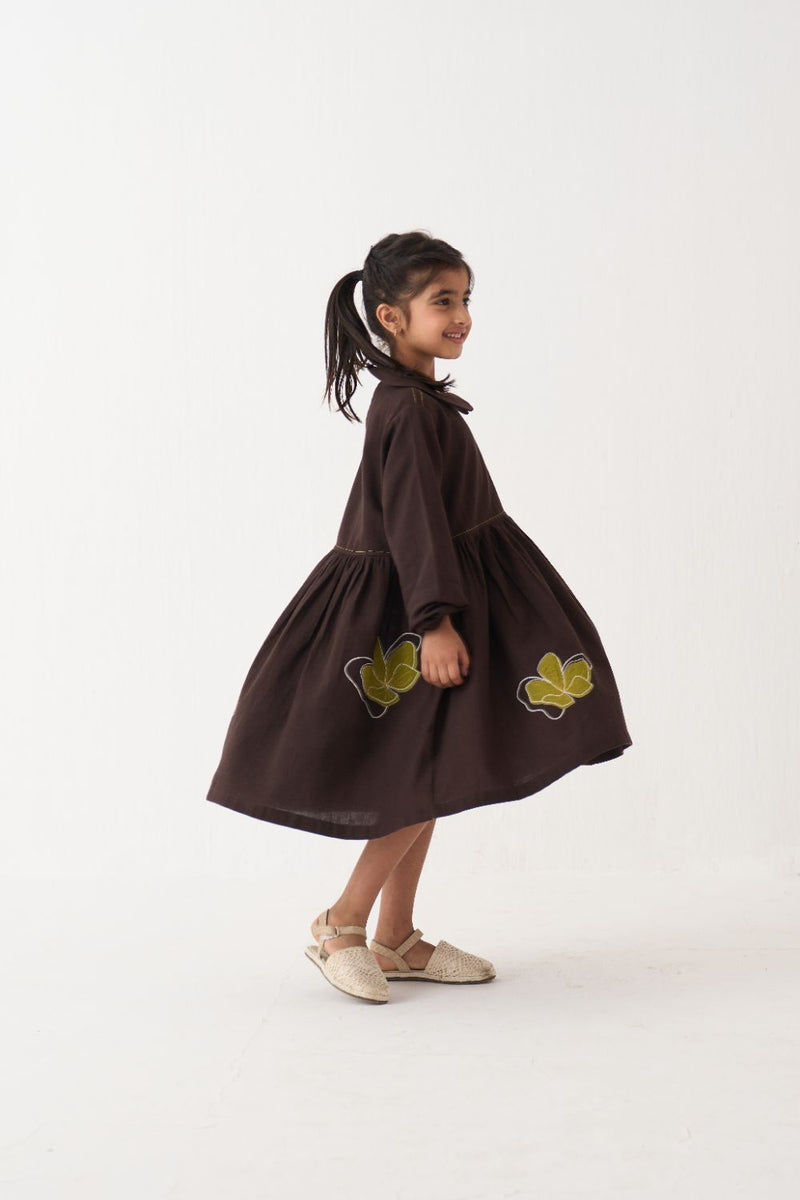 Girl - Floral Applique Peter Pan Collar Dress - Dark Brown cotton by THREE Kids in brown color for kids in Singapore