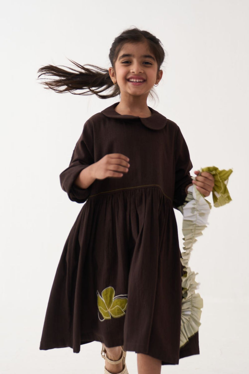 Girl - Floral Applique Peter Pan Collar Dress - Dark Brown cotton by THREE Kids in brown color for kids in Singapore