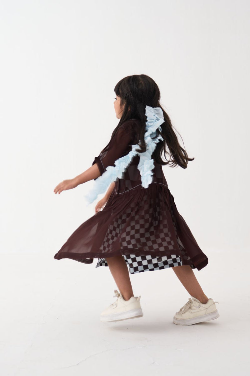 Girl - Yoke Dress - Dark Brown organza by THREE Kids in brown color for kids in Singapore