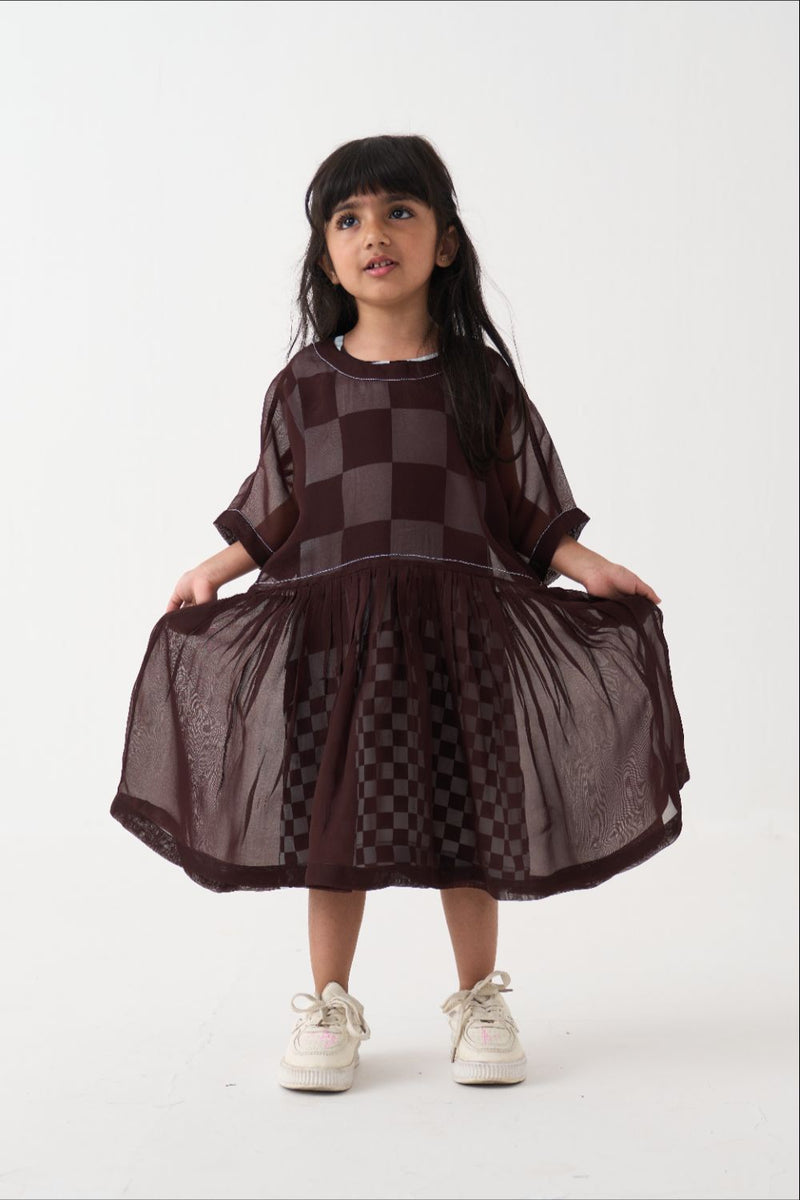 Girl - Yoke Dress - Dark Brown organza by THREE Kids in brown color for kids in Singapore
