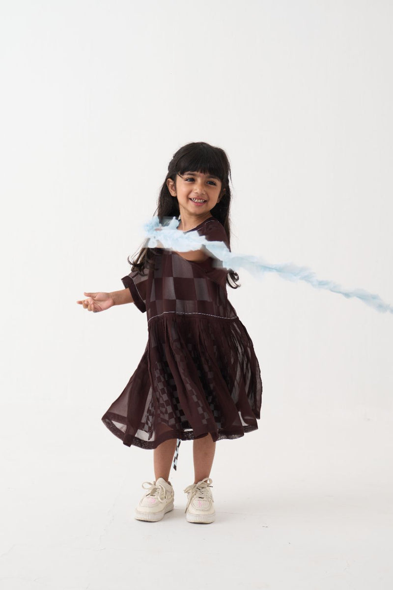 Girl - Yoke Dress - Dark Brown organza by THREE Kids in brown color for kids in Singapore