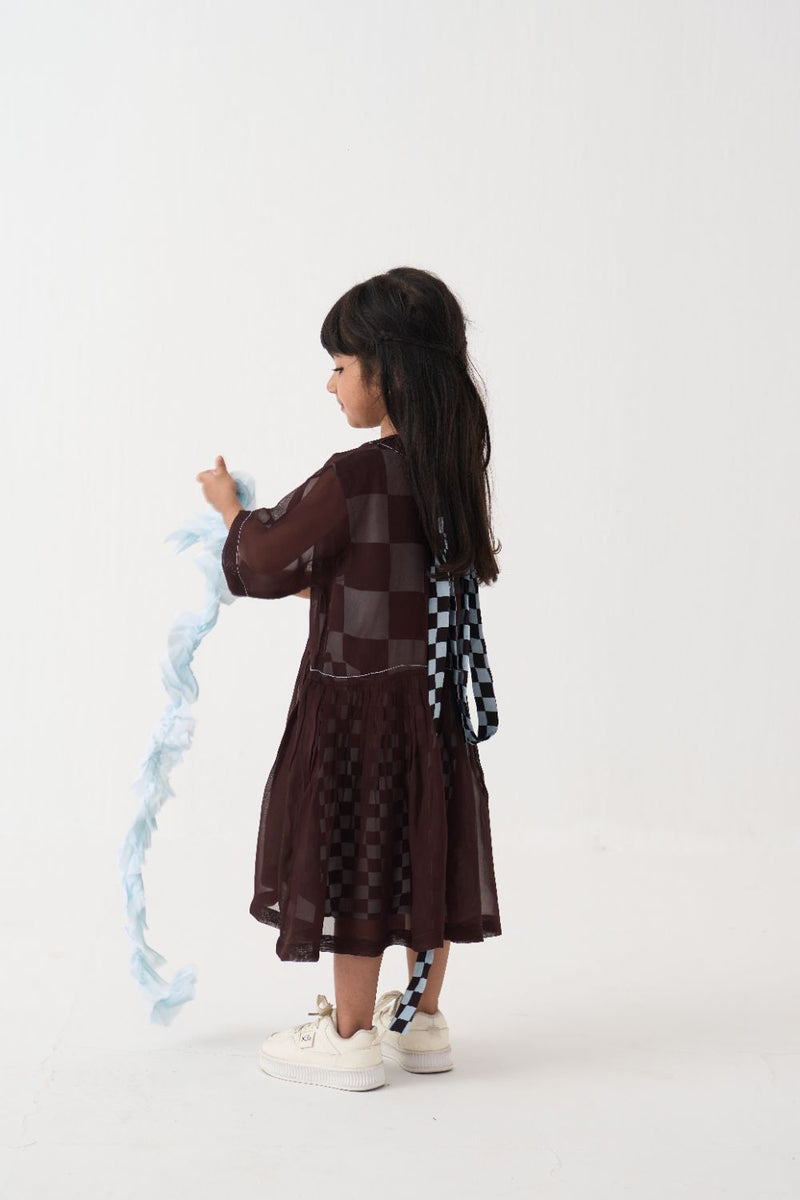Girl - Yoke Dress - Dark Brown organza by THREE Kids in brown color for kids in Singapore