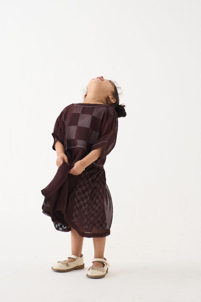 Girl - Yoke Dress - Dark Brown organza by THREE Kids in brown color for kids in Singapore