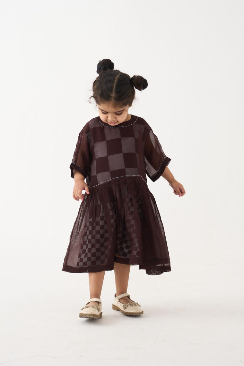 Girl - Yoke Dress - Dark Brown organza by THREE Kids in brown color for kids in Singapore