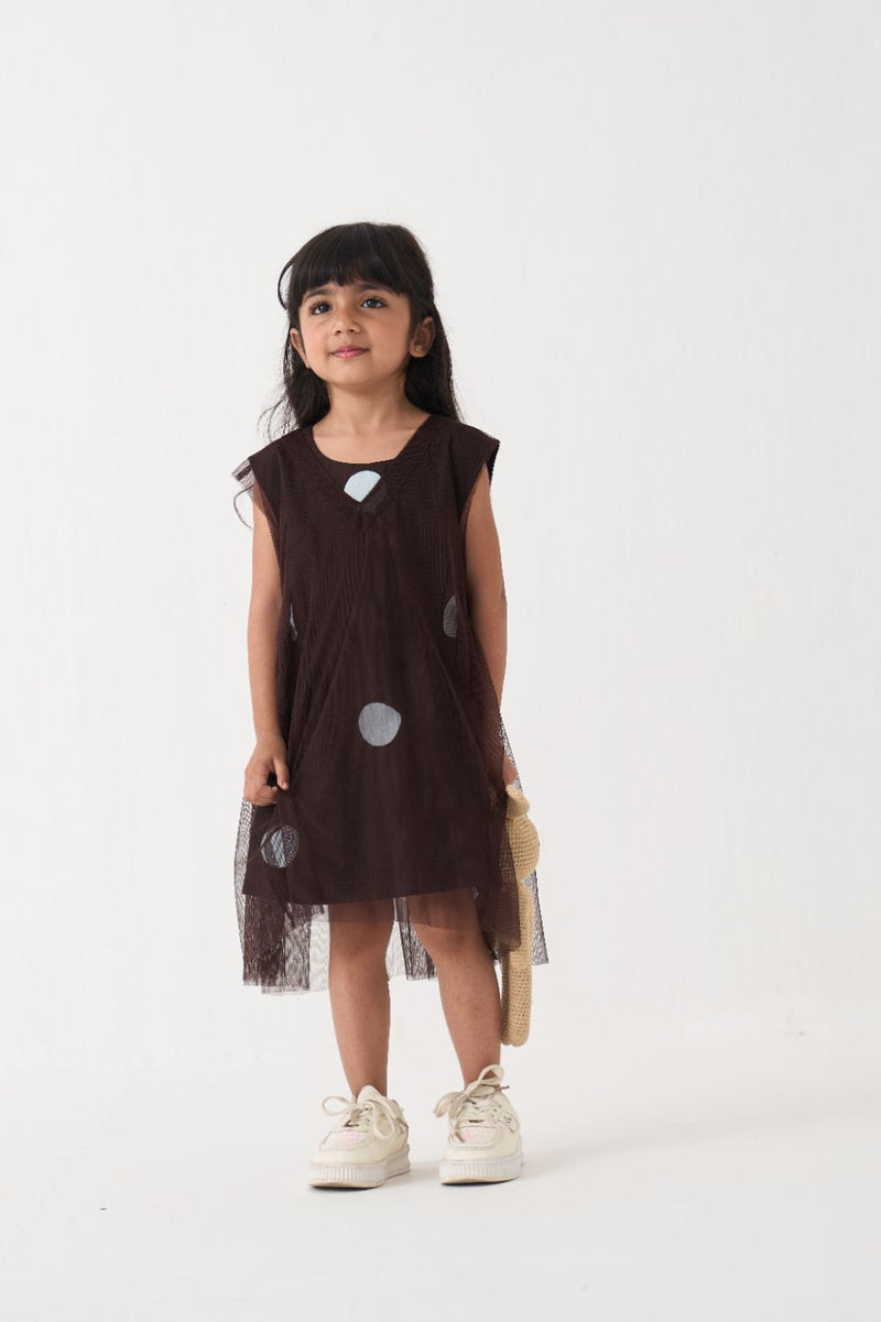 Girl - Polka Side Elastic Dress - Dark Brown poplin by THREE Kids in brown color for kids in Singapore
