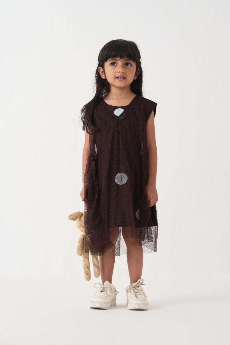 Girl - Polka Side Elastic Dress - Dark Brown poplin by THREE Kids in brown color for kids in Singapore