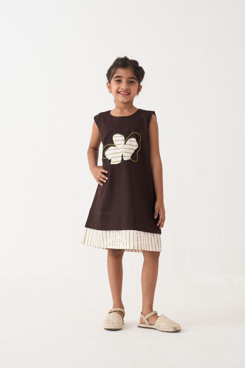 Girl - Floral Applique Dress - Dark Brown poplin by THREE Kids in brown color for kids in Singapore