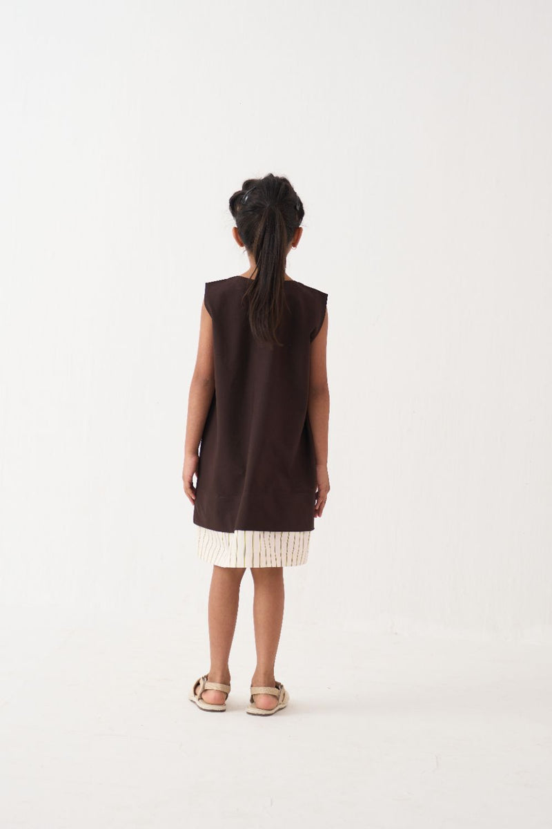 Girl - Floral Applique Dress - Dark Brown poplin by THREE Kids in brown color for kids in Singapore