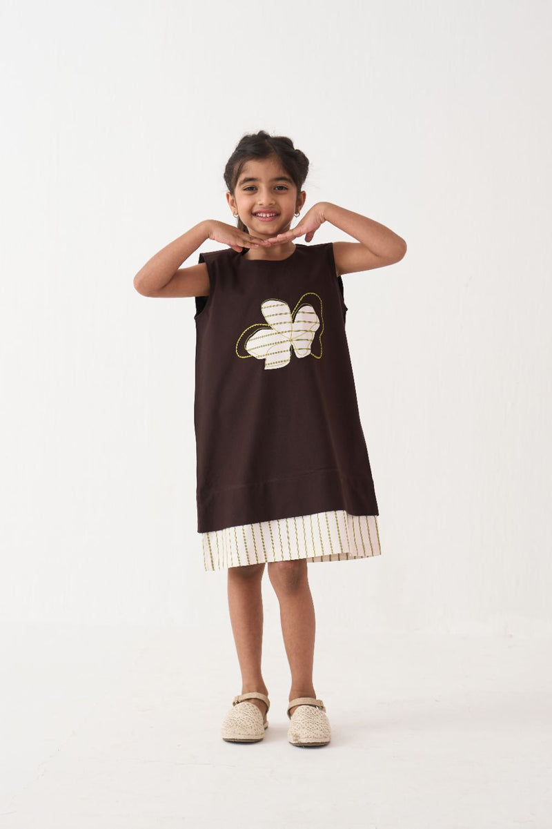 Girl - Floral Applique Dress - Dark Brown poplin by THREE Kids in brown color for kids in Singapore