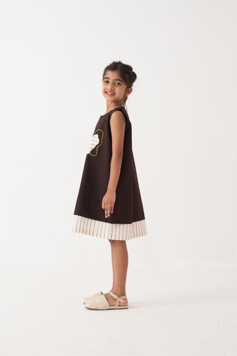 Girl - Floral Applique Dress - Dark Brown poplin by THREE Kids in brown color for kids in Singapore