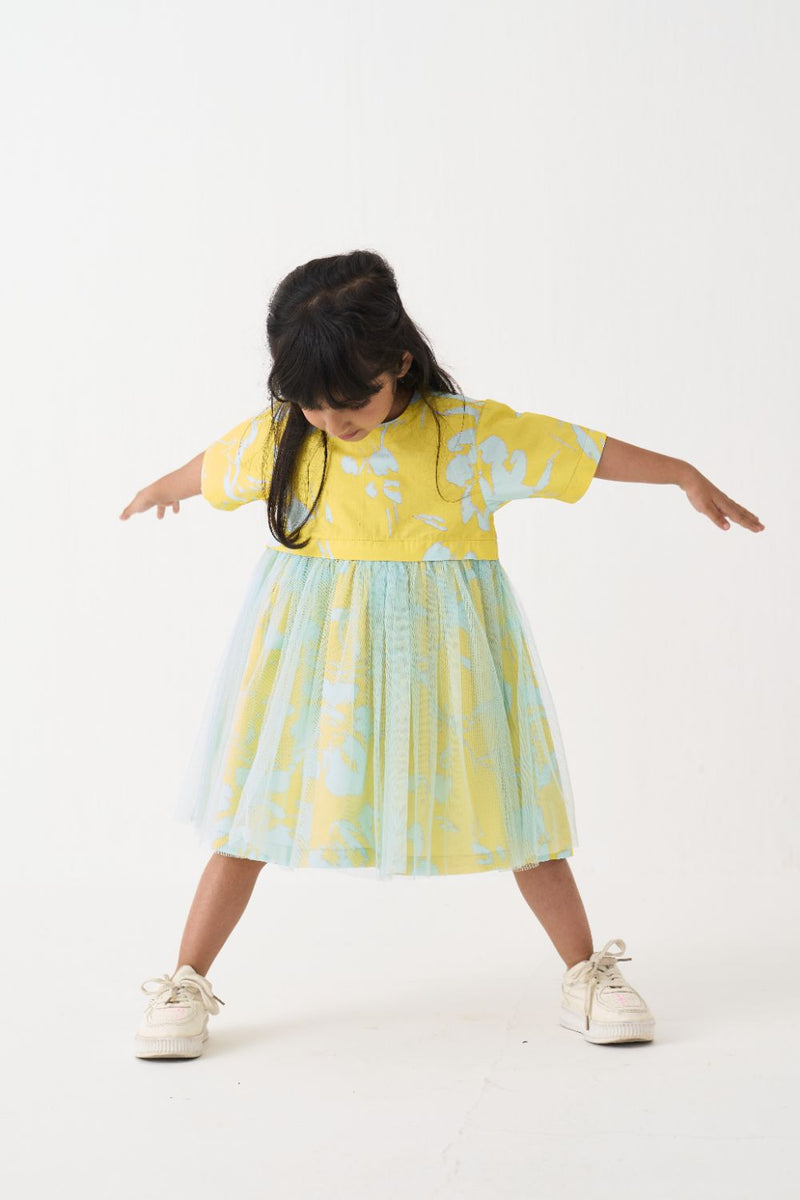 Girl - Yoke Frill Dress - Blue poplin by THREE Kids in blue color for kids in Singapore