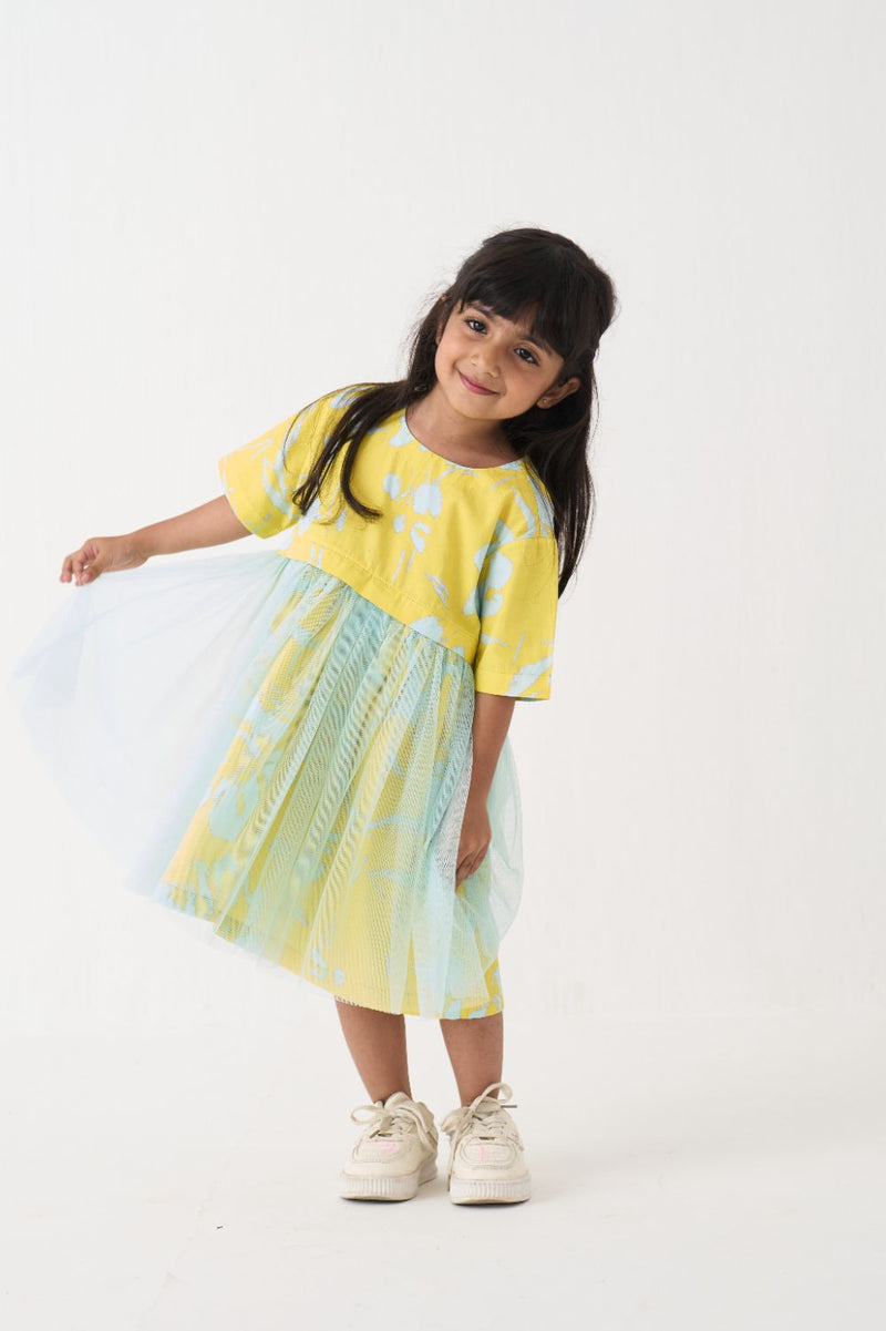 Girl - Yoke Frill Dress - Blue poplin by THREE Kids in blue color for kids in Singapore