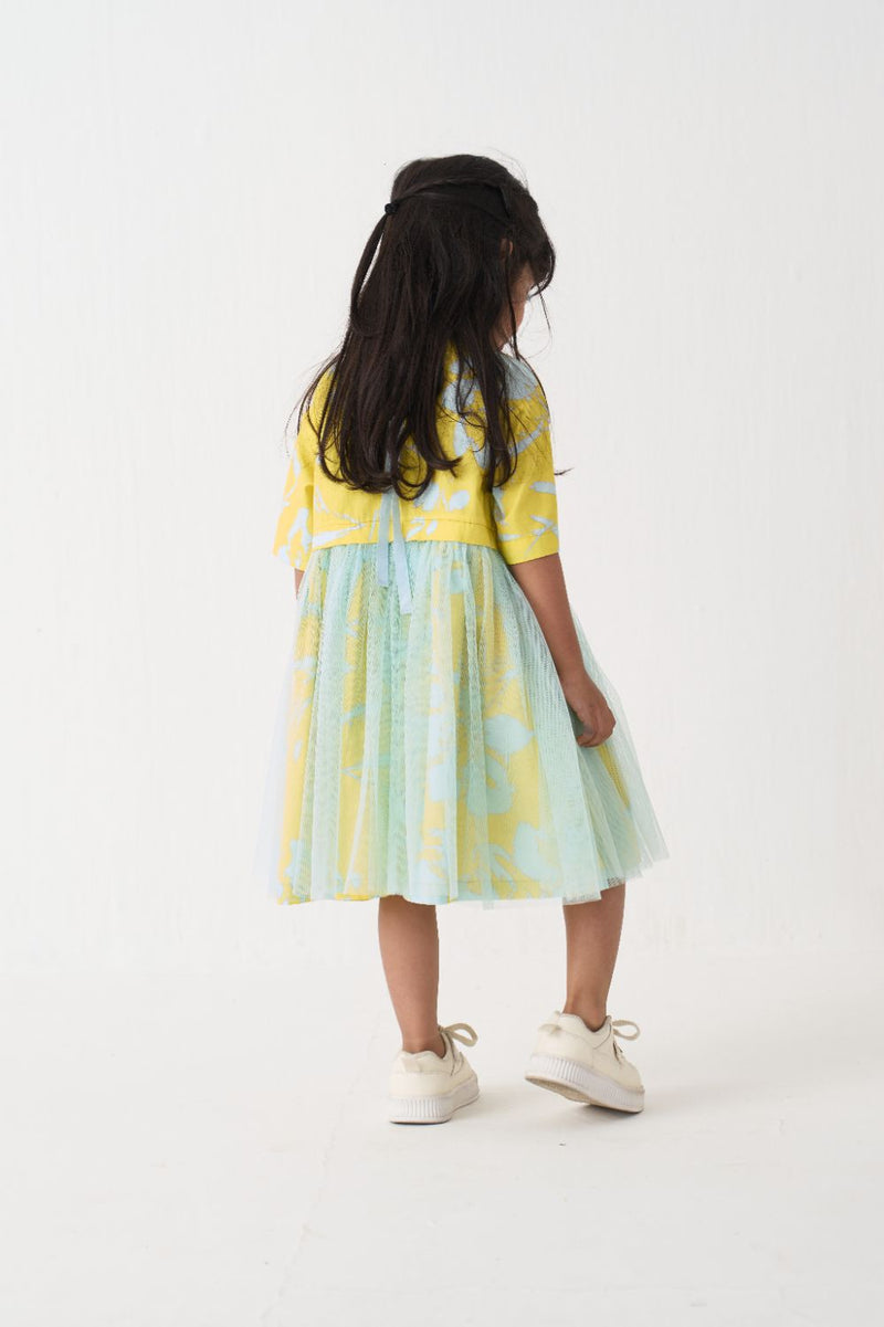 Girl - Yoke Frill Dress - Blue poplin by THREE Kids in blue color for kids in Singapore