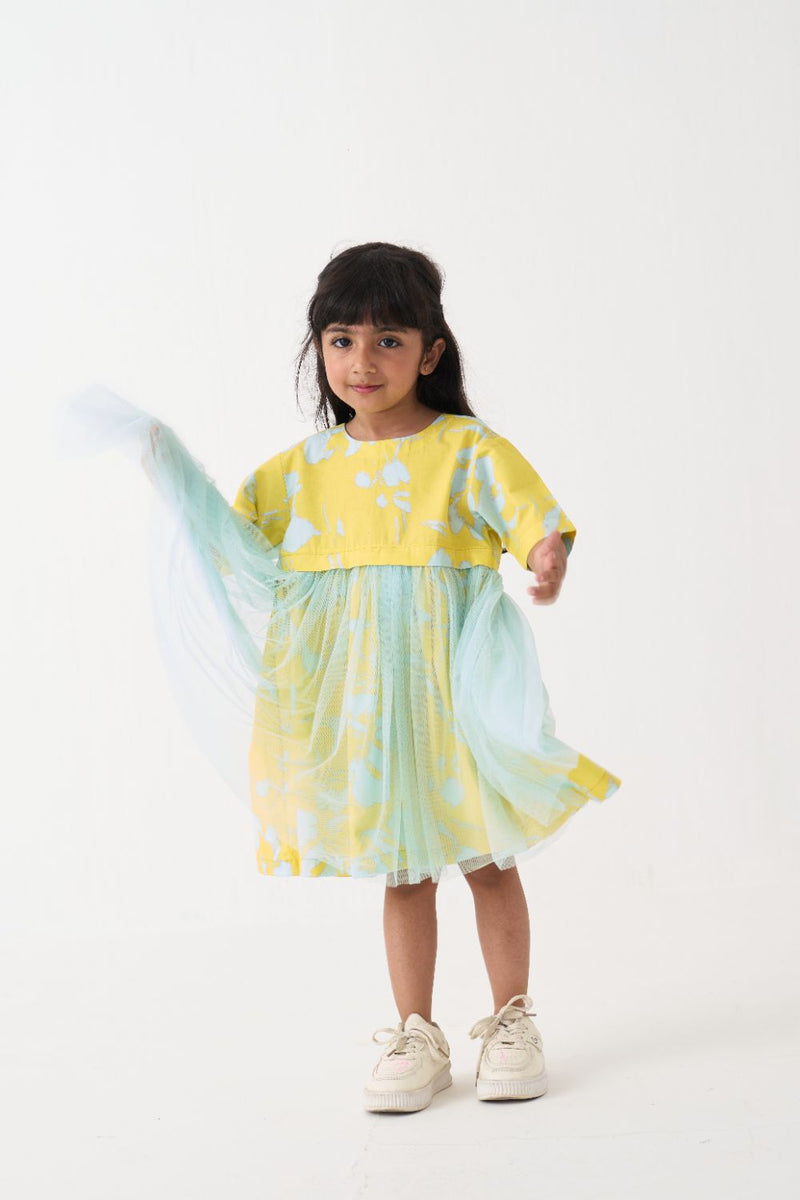 Girl - Yoke Frill Dress - Blue poplin by THREE Kids in blue color for kids in Singapore