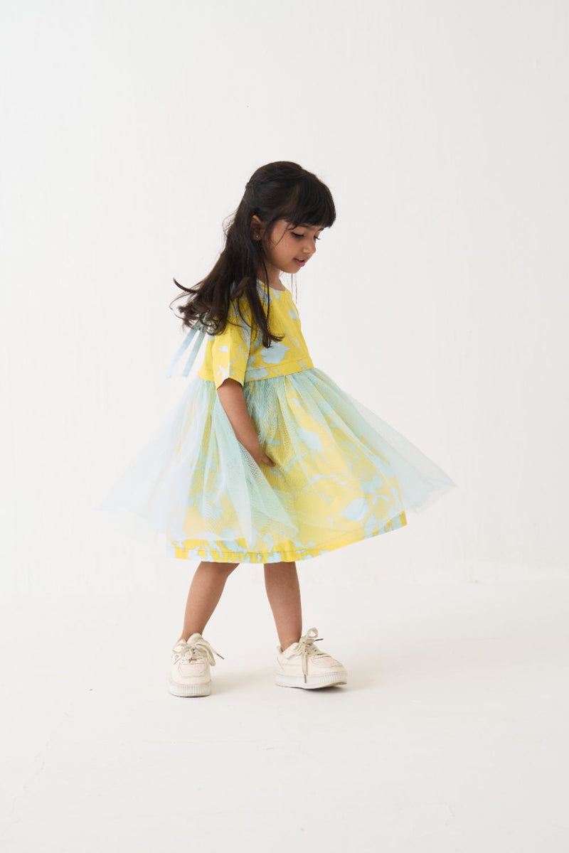 Girl - Yoke Frill Dress - Blue poplin by THREE Kids in blue color for kids in Singapore