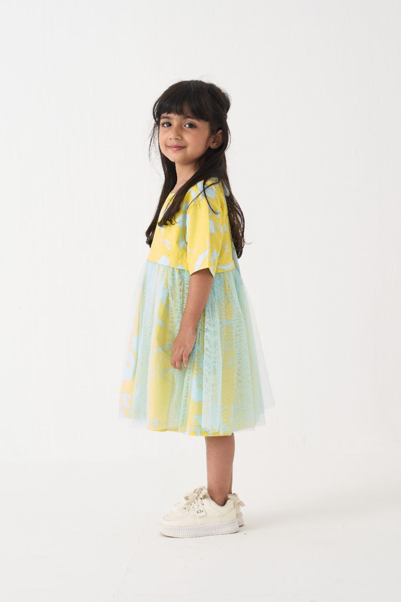 Girl - Yoke Frill Dress - Blue poplin by THREE Kids in blue color for kids in Singapore
