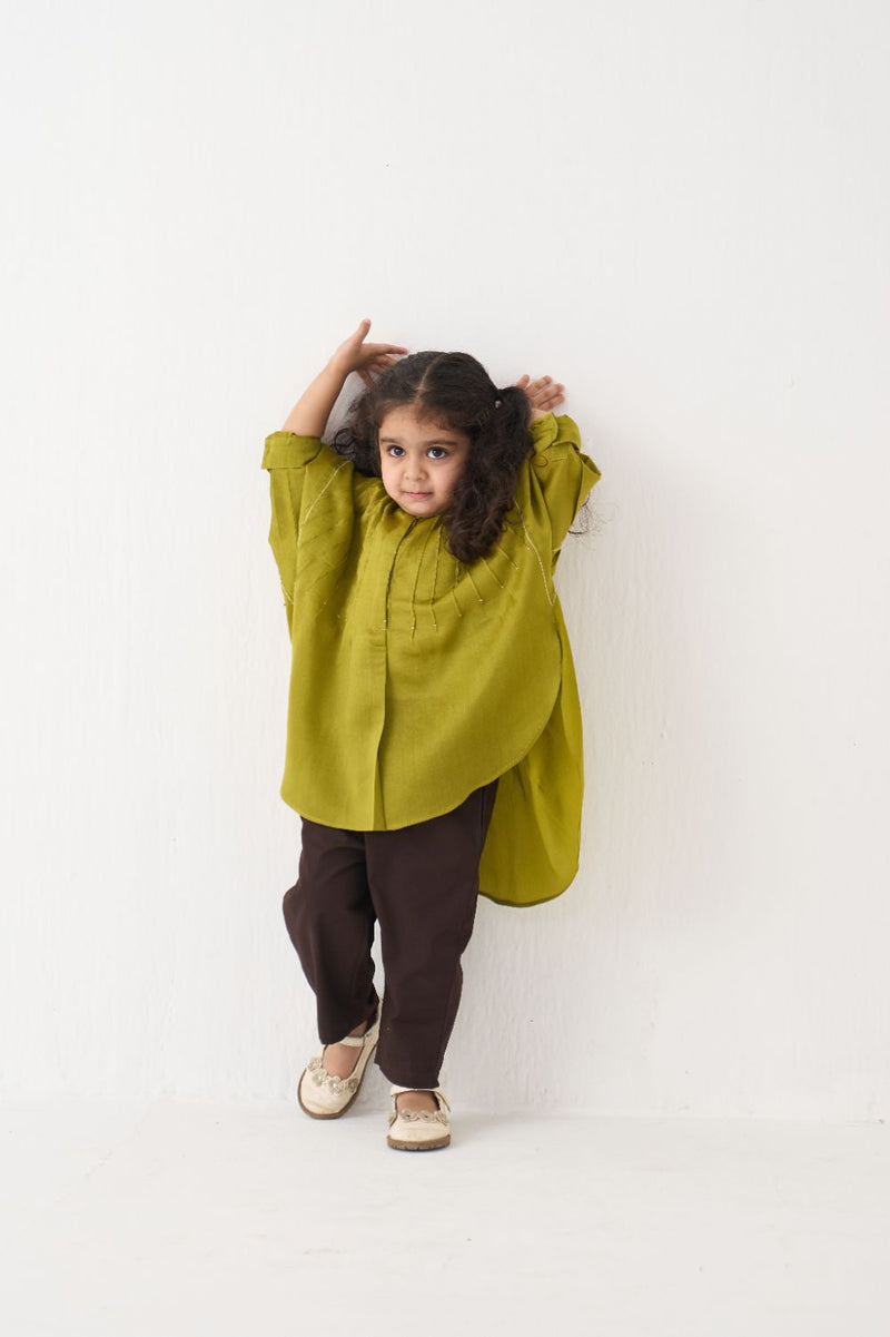 Girl - Bat Sleeve Top Coord (Set Of 02) - Lime poplin by THREE Kids in brown color for kids in Singapore