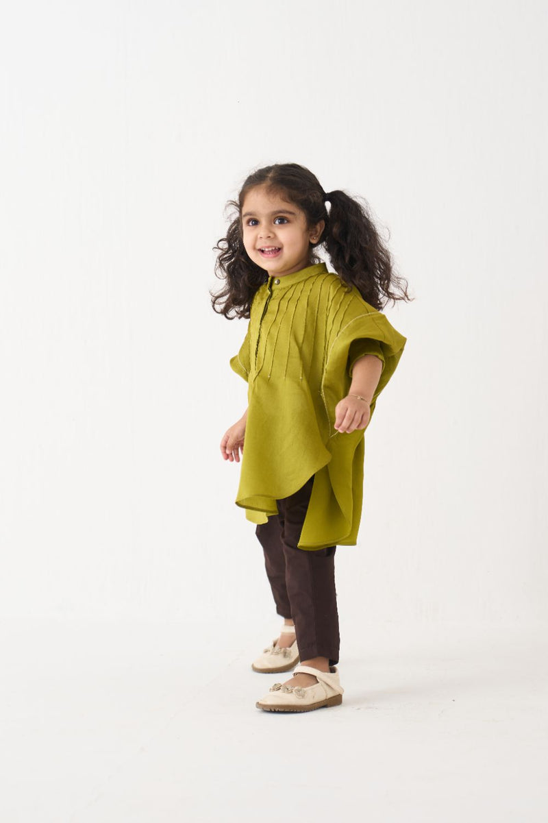 Girl - Bat Sleeve Top Coord (Set Of 02) - Lime poplin by THREE Kids in brown color for kids in Singapore