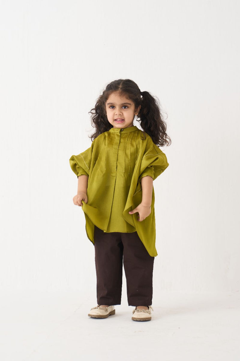 Girl - Bat Sleeve Top Coord (Set Of 02) - Lime poplin by THREE Kids in brown color for kids in Singapore