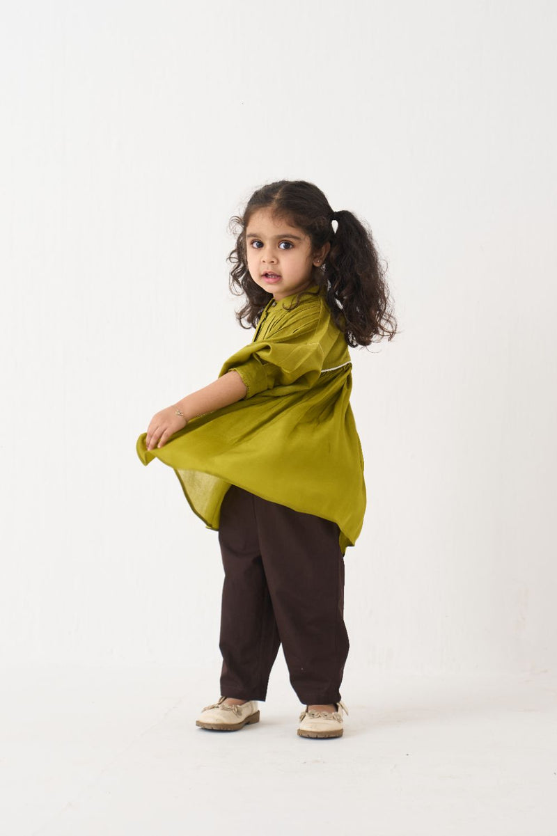 Girl - Bat Sleeve Top Coord (Set Of 02) - Lime poplin by THREE Kids in brown color for kids in Singapore