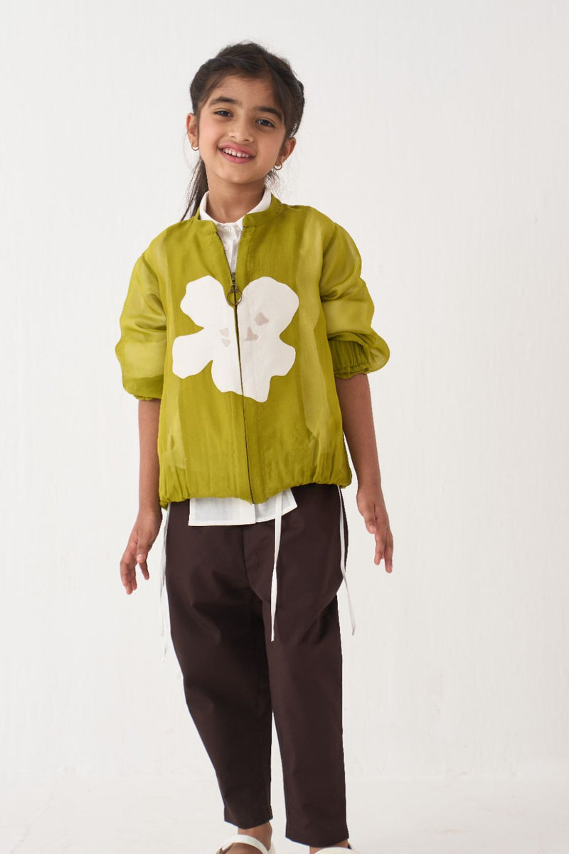 Girl - Emb. Applique Bomber Co-Ord (Set Of 3) - Lime poplin by THREE Kids in brown color for kids in Singapore