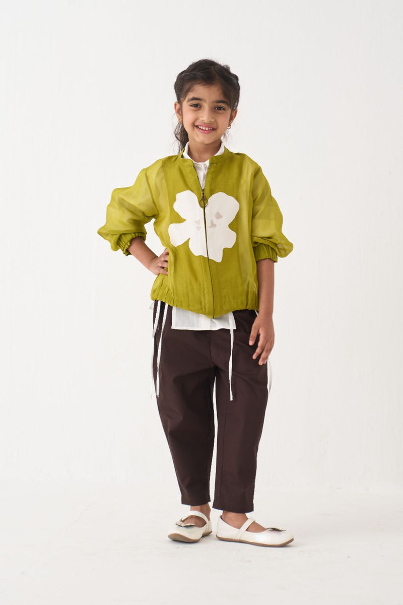 Girl - Emb. Applique Bomber Co-Ord (Set Of 3) - Lime poplin by THREE Kids in brown color for kids in Singapore