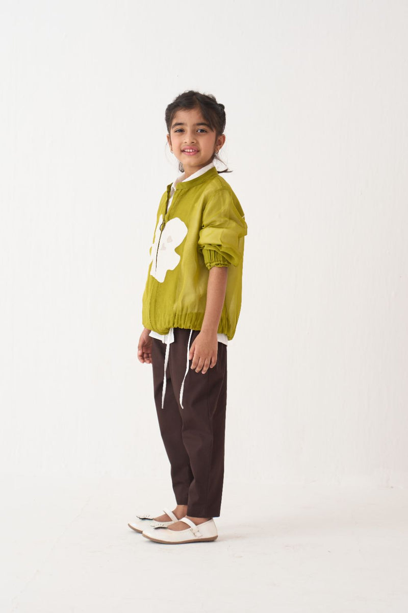 Girl - Emb. Applique Bomber Co-Ord (Set Of 3) - Lime poplin by THREE Kids in brown color for kids in Singapore