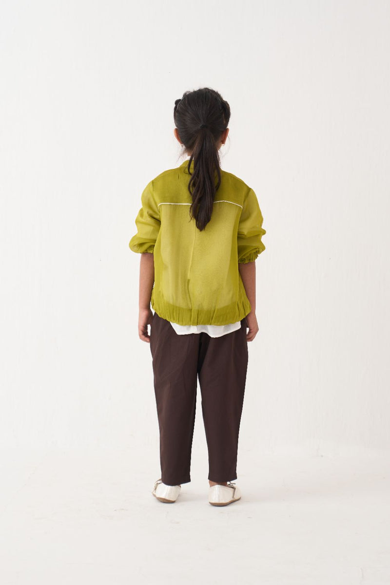 Girl - Emb. Applique Bomber Co-Ord (Set Of 3) - Lime poplin by THREE Kids in brown color for kids in Singapore