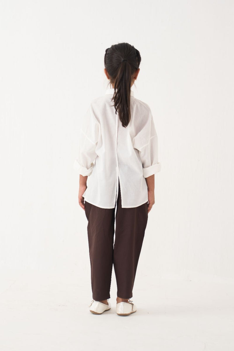 Girl - Panelled Shirt Co-Ord (Set Of 2) - White poplin by THREE Kids in brown color for kids in Singapore