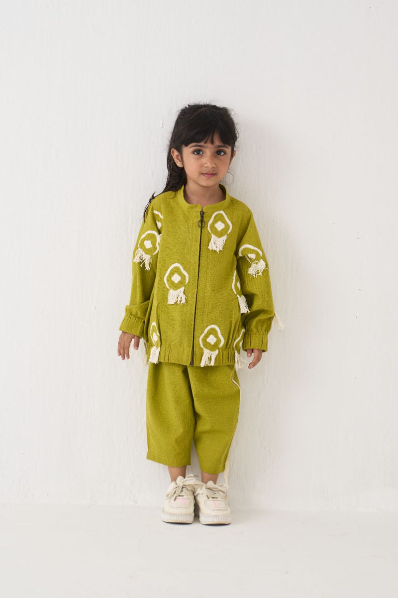 Girl - Fringe Bomber Jacket Co-Ord (Set Of 2) - Lime poplin by THREE Kids for kids in Singapore