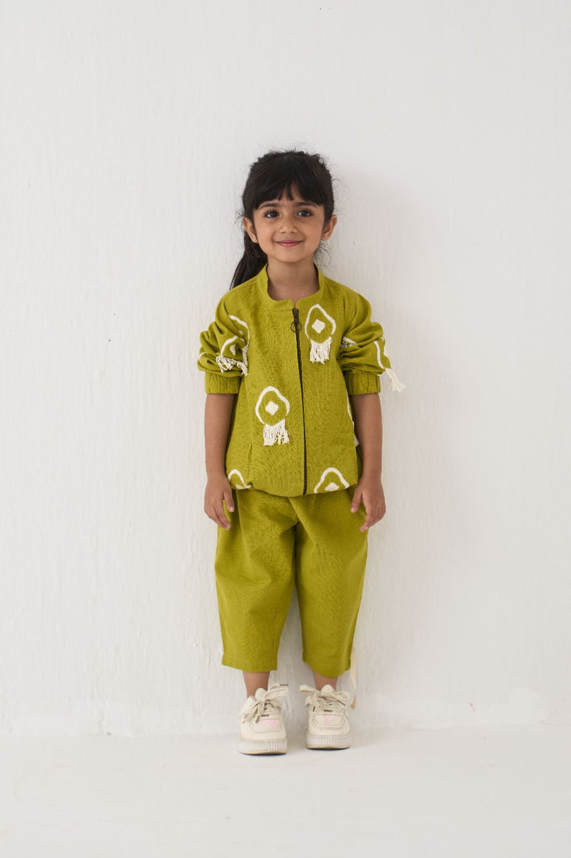 Girl - Fringe Bomber Jacket Co-Ord (Set Of 2) - Lime poplin by THREE Kids for kids in Singapore