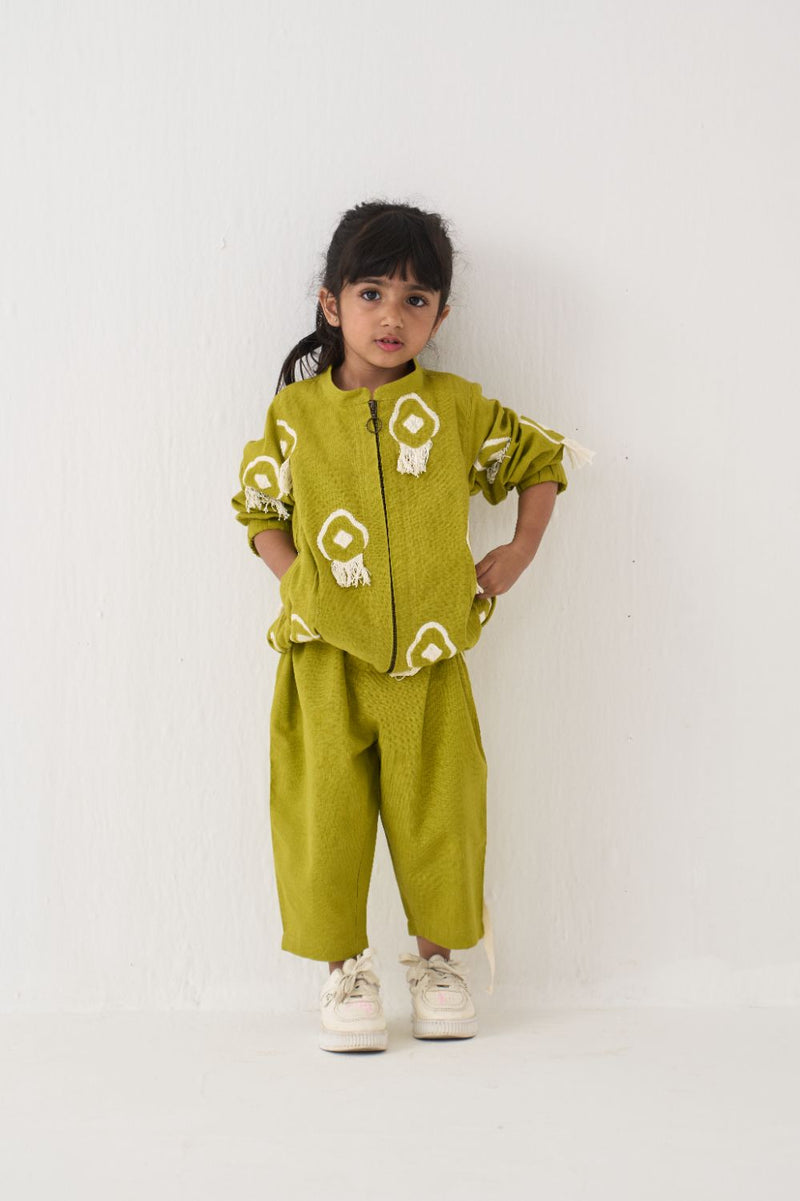 Girl - Fringe Bomber Jacket Co-Ord (Set Of 2) - Lime poplin by THREE Kids for kids in Singapore