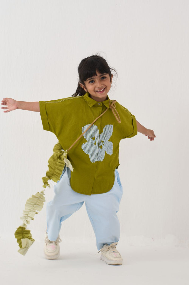 Girl - Floral Emb. U Hem Shirt Co-Ord - Lime poplin by THREE Kids for kids in Singapore