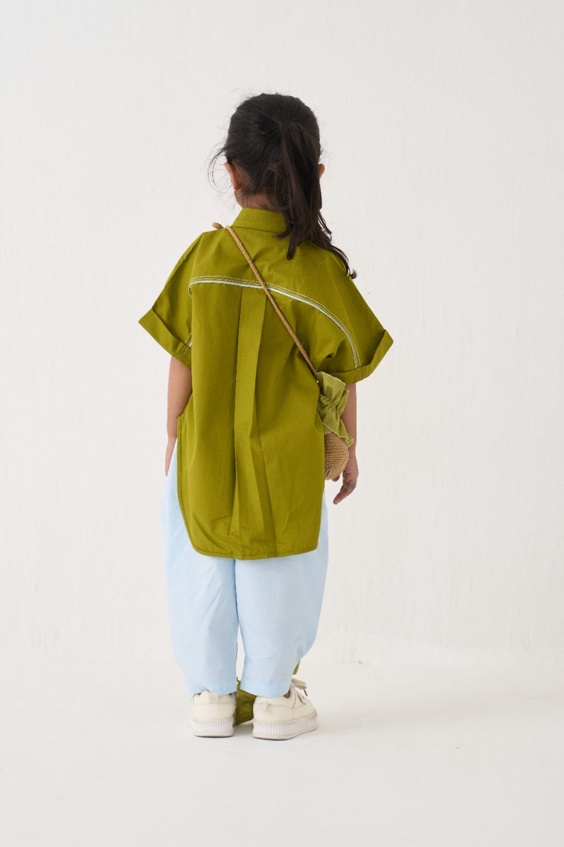 Girl - Floral Emb. U Hem Shirt Co-Ord - Lime poplin by THREE Kids for kids in Singapore