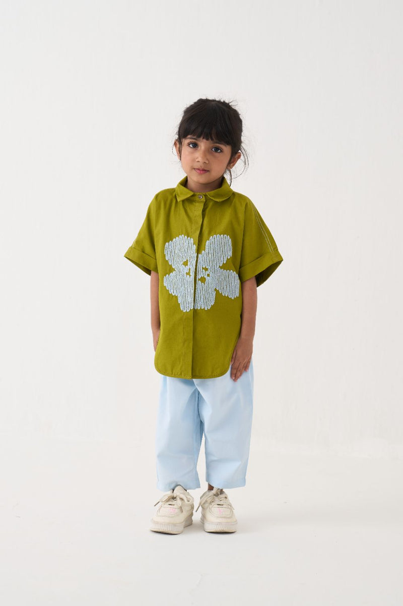 Girl - Floral Emb. U Hem Shirt Co-Ord - Lime poplin by THREE Kids for kids in Singapore