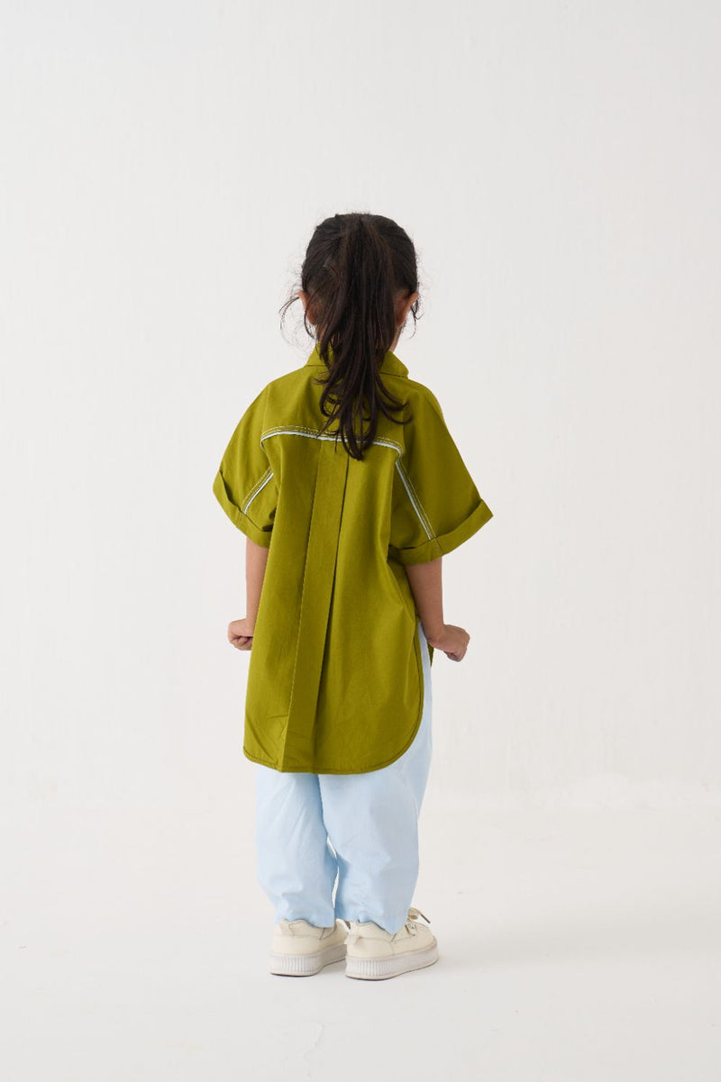 Girl - Floral Emb. U Hem Shirt Co-Ord - Lime poplin by THREE Kids for kids in Singapore