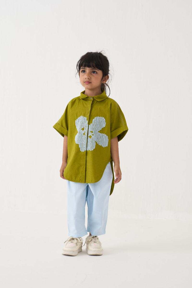 Girl - Floral Emb. U Hem Shirt Co-Ord - Lime poplin by THREE Kids for kids in Singapore